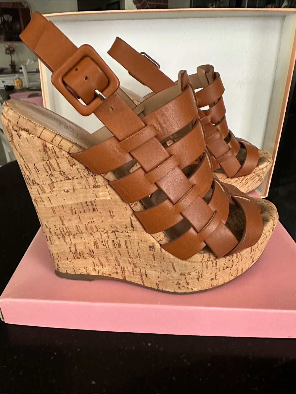 Chestnut genuine leather straps Woven Cork Wedge heels by Barneys New York